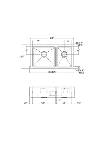 Prochef 60/40 Double Bowl Farmhouse/Apron Kitchen Sink ProInox H75 Stainless Steel - 30" X 16" X 8"