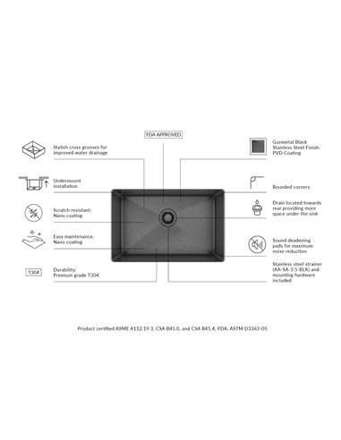 Prochef double 60/40 bowl undermount kitchen sink with bottom grid ProInox H75 black stainless steel - 30" X 16" X 10"