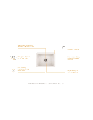 Prochef Single Bowl Farmhouse Kitchen Sink ProTerra M125 Fireclay - 20-5/8" X 14-3/4" X 9"