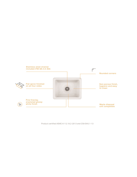 Prochef Single Bowl Farmhouse Kitchen Sink ProTerra M125 Fireclay - 20-5/8" X 14-3/4" X 9"