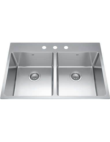 Kindred BDL2233-9-3 Brookmore Topmount 18G Stainless Steel Double Sink 3 Hole 36Cab