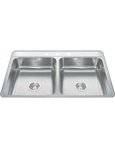 Kindred CDLA3322-6-3 Creemore Topmount 22G Stainless Steel Double Sink 3 Hole 36Cab