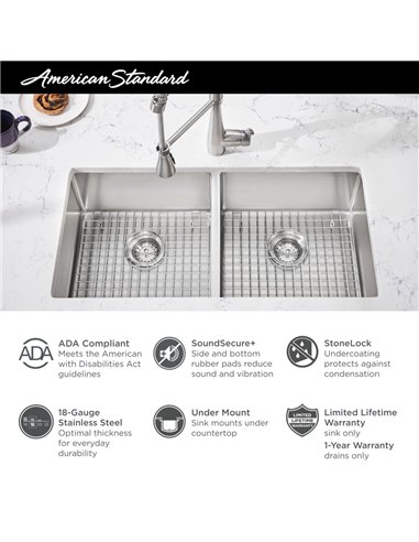 American Standard Pekoe 29 x 18-Inch Stainless Steel Undermount Double Bowl ADA Kitchen Sink