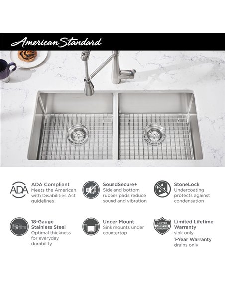 American Standard Pekoe 29 x 18-Inch Stainless Steel Undermount Double Bowl ADA Kitchen Sink