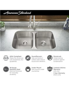 American Standard Portsmouth 32 x 18-Inch Stainless Steel Undermount Double-Bowl ADA Kitchen Sink 2