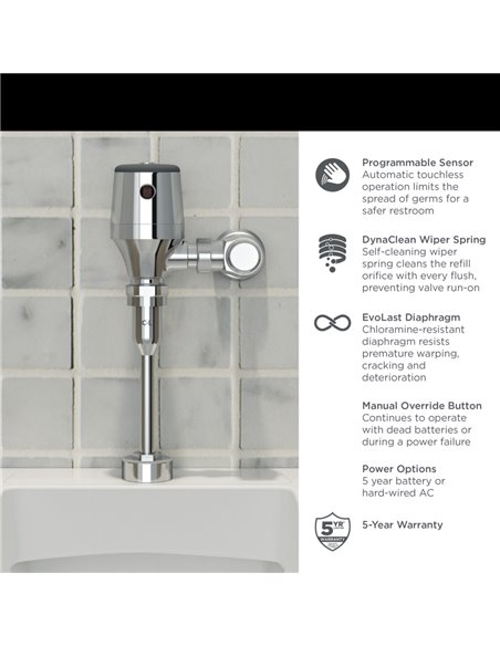 American Standard Ultima Selectronic Exposed Urinal Flush Valve, Diaphragm Type, Battery, 0.125 gpf/0.5 Lpf