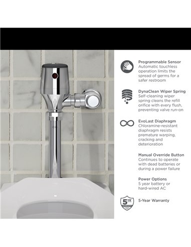 American Standard Ultima Selectronic Exposed Toilet Flush Valve, Diaphragm Type, Battery, 1.6 gpf/6.0 Lpf