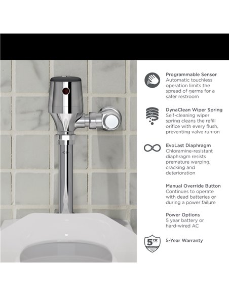 American Standard Ultima Selectronic Exposed Toilet Flush Valve, Diaphragm Type, Base Model, 1.1 gpf/4.2 Lpf