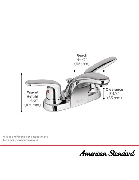 American Standard Colony PRO 4-Inch Centerset 2-Handle Bathroom Faucet 1.2 gpm/4.5 Lpm Less Drain, With Lever Handles