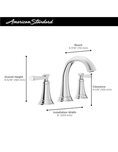 American Standard Rumson 8-Inch Widespread 2-Handle Bathroom Faucet 1.2 gpm/4.5 L/min With Lever Handles