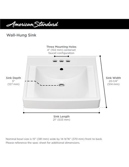 American Standard Decorum 21 x 20-1/4-Inch (533 x 514 mm) Wall-Hung EverClean Sink With 4-Inch Centerset