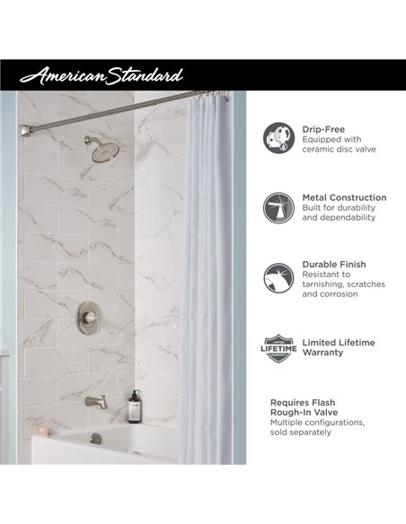 American Standard Glenmere 1.8 gpm/6.8 L/min Tub and Shower Trim Kit With Water-Saving Showerhead, Double Ceramic Pressure Balan