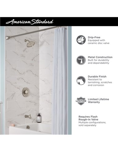 American Standard Glenmere 1.8 gpm/6.8 L/min Tub and Shower Trim Kit With Water-Saving Showerhead, Double Ceramic Pressure Balan