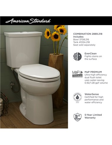 American Standard H2Option Two-Piece Dual Flush 1.28 gpf/4.8 Lpf and 0.92 gpf/3.5 Lpf Chair Height Elongated Toilet With Liner L
