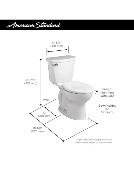 American Standard Cadet Pro Two-Piece 1.6 gpf/6.0 Lpf Standard Height Elongated Toilet Less Seat