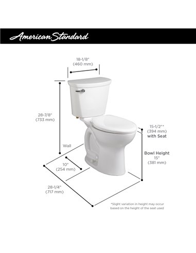 American Standard Cadet Pro Two-Piece 1.28 gpf/4.8 Lpf Standard Height Elongated 10-Inch Rough Toilet Less Seat