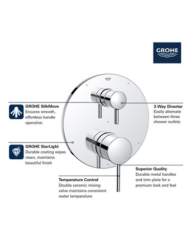 Grohe 29427 Timeless Pressure Balance Valve Trim With 3-Way Diverter With Cartridge