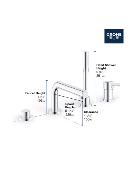 Grohe 19576 Concetto 4-Hole Single-Handle Deck Mount Roman Tub Faucet with 6.6 L/min - 1.75 GPM Hand Shower
