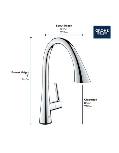 Grohe 30205 Grohe Zedra Single-Handle Pull Down Kitchen Faucet Triple Spray 6.6 L/min - 1.75 GPM with Touch Technology