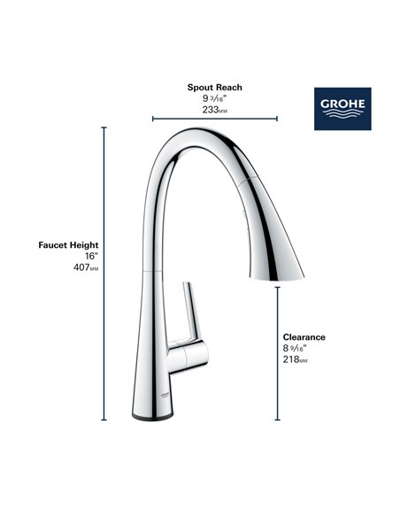 Grohe 30205 Grohe Zedra Single-Handle Pull Down Kitchen Faucet Triple Spray 6.6 L/min - 1.75 GPM with Touch Technology