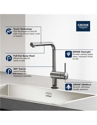 Grohe 30218 Minta Single-Handle Pull-Out Kitchen Faucet Single Spray 6.6 L/min - 1.75 GPM with Touch Technology