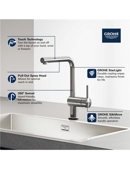 Grohe 30218 Minta Single-Handle Pull-Out Kitchen Faucet Single Spray 6.6 L/min - 1.75 GPM with Touch Technology