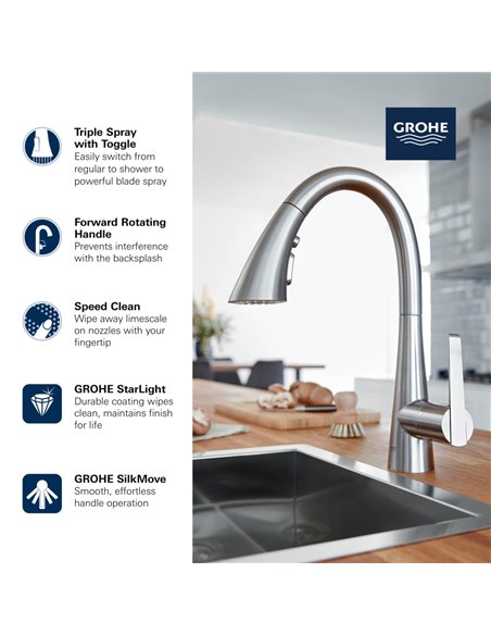 Grohe 30368 Grohe Zedra Single-Handle Pull Down Triple Spray Bar Faucet 6.6 L/min - 1.75 GPM