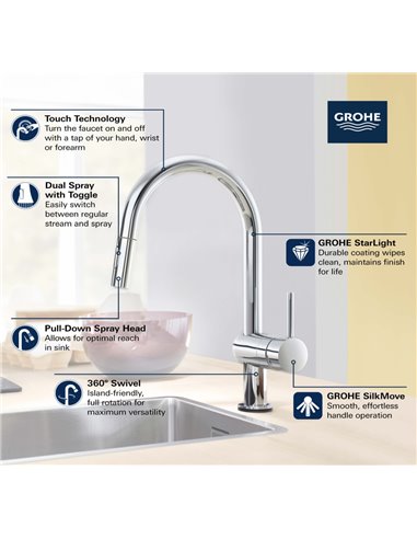Grohe 31359 Minta Single-Handle Pull Down Kitchen Faucet Dual Spray 6.6 L/min - 1.75 GPM with Touch Technology