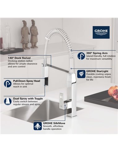 Grohe 31401 Eurocube Single-Handle Semi-Pro Dual Spray Kitchen Faucet 6.6 L/min - 1.75 GPM