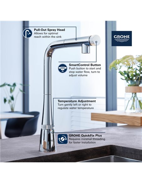 Grohe 31559 Grohe Zedra SmartControl Pull-Out Single Spray Kitchen Faucet 6.6 L/min - 1.75 GPM
