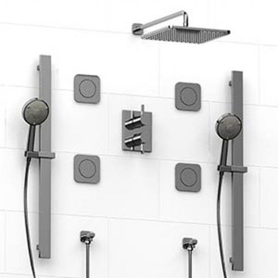 Riobel KIT5883 Type TP thermostaticpressure balance 0.75 double coaxial system with 2 hand shower rails 4 body jets and showe...
