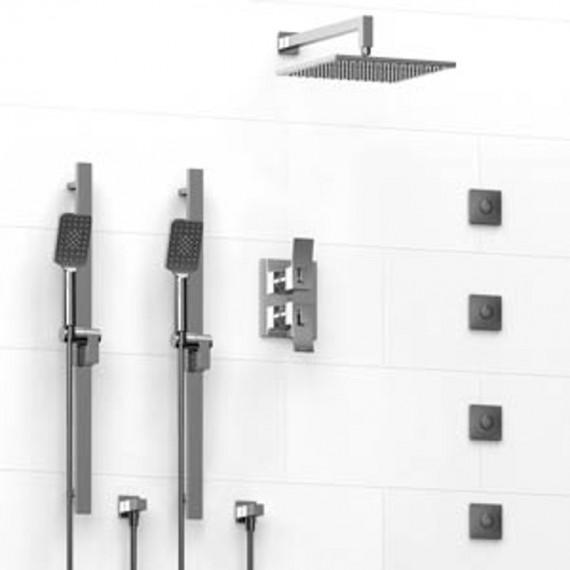 Riobel KIT8683 Type TP thermostaticpressure balance 0.75 double coaxial system with 2 hand shower rails 4 body jets and showe...