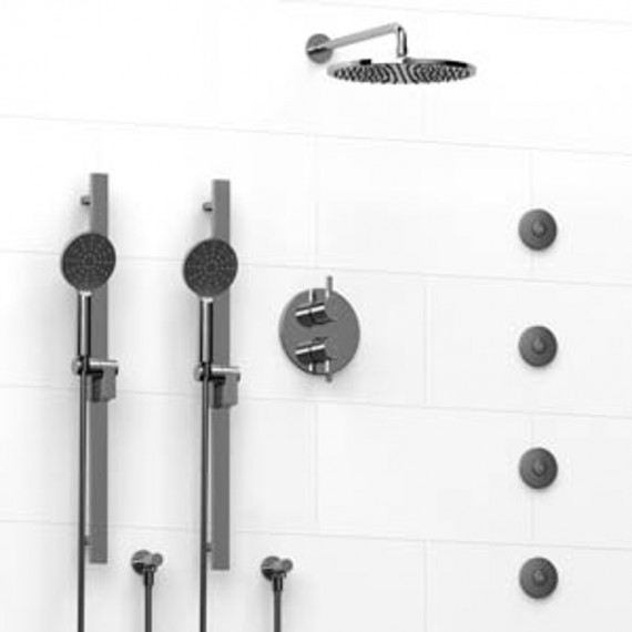 Riobel KIT8983 Type TP thermostaticpressure balance 0.75 double coaxial system with 2 hand shower rails 4 body jets and showe...