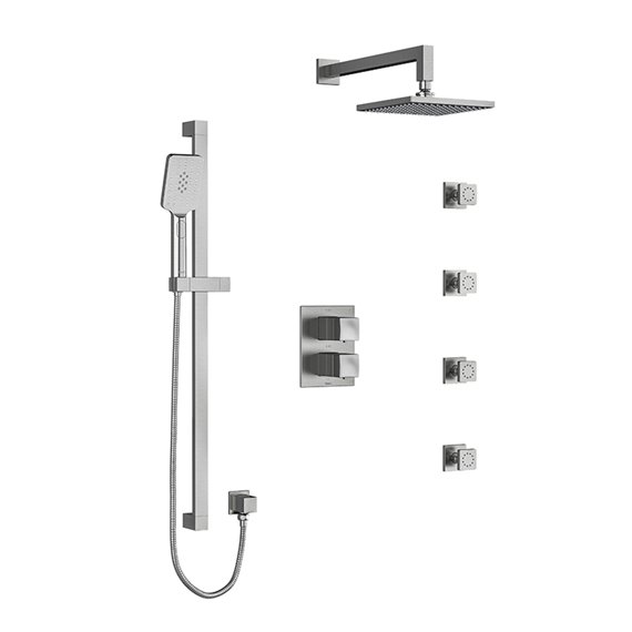 Riobel Reflet KIT446RF Type T/P (thermostatic/pressure balance) double coaxial system with hand shower rail, 4 body jets and sho