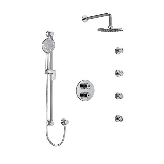 Riobel GS KIT446GS Type T/P (thermostatic/pressure balance) double coaxial system with hand shower rail, 4 body jets and shower 