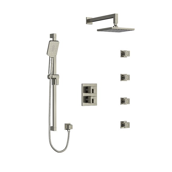 Riobel Kubik KIT446US Type T/P (thermostatic/pressure balance) double coaxial system with hand shower rail, 4 body jets and show