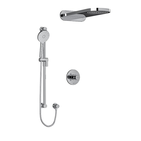 Riobel RIU Knurled KIT2745RUTM+KN Type T/P ½" coaxial 3-way system with hand shower rail and rain and cascade shower head