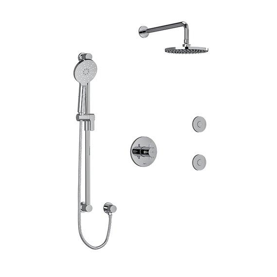 Riobel RIU Knurled KIT3545RUTM+KN Type T/P ½" coaxial 3-way system, hand shower rail, elbow supply, shower head and 2 body jets