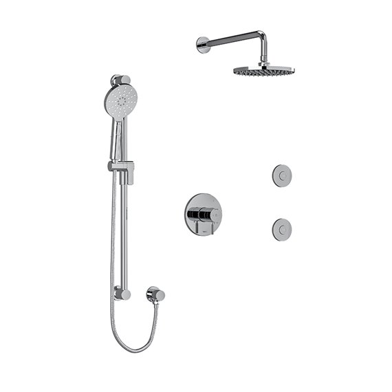 Riobel RIU Knurled KIT3545RUTMKN Type T/P ½" coaxial 3-way system, hand shower rail, elbow supply, shower head and 2 body jets