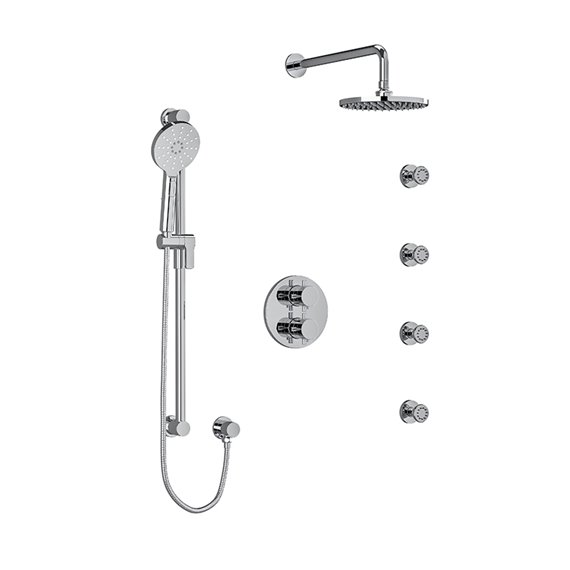 Riobel RIU Knurled KIT446RUTM+KN Type T/P double coaxial system with hand shower rail, 4 body jets and shower head