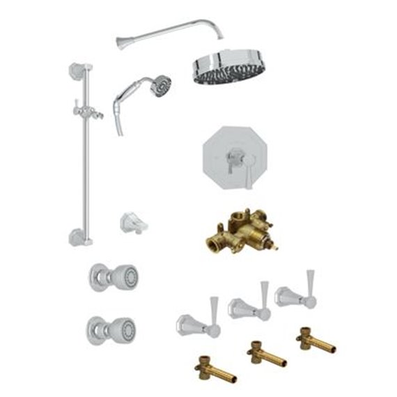 Perrin & Rowe Deco Thermostatic Shower Kit with 3 Shutoff Valves Slidebar Showerhead and 2 Body Jets