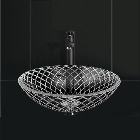 Virta 17 Inch Round Glass Top Mount Vessel Sink with Diamond Mosaic Pattern