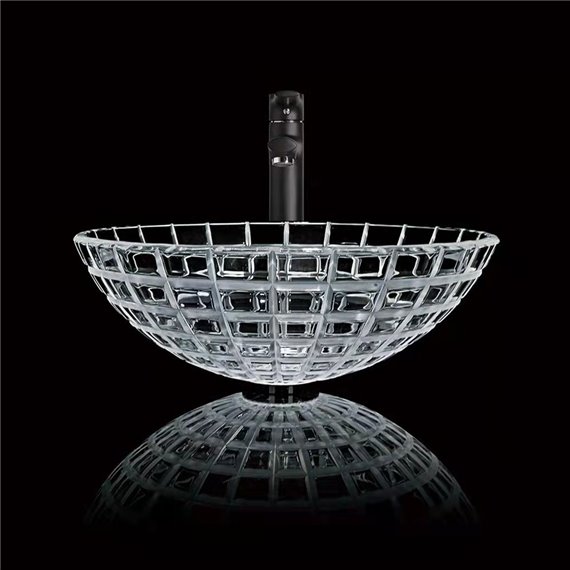 Virta 17 Inch Round Glass Top Mount Vessel Sink with Rectangular Mosaic Pattern