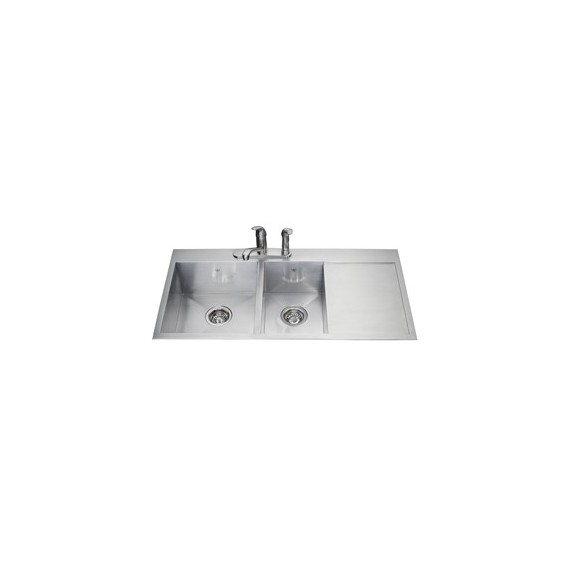 Kindred QCLF2039DBR 20 gauge hand fabricated dual mount two bowl ledgeback drainerboard sink small bowl right